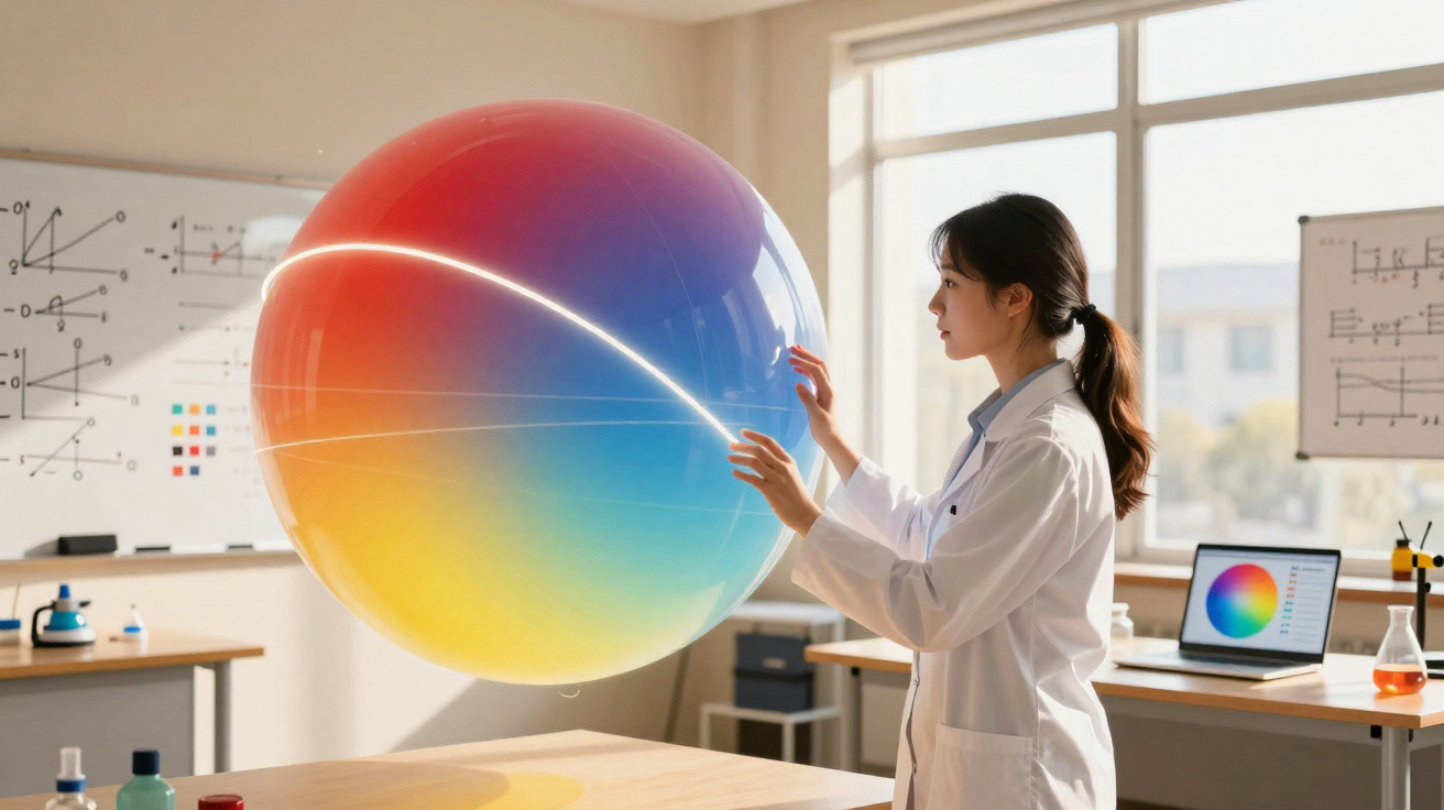 Mulher científica em laboratório interage com esfera grande colorida que exibe gradientes e linhas brilhantes.