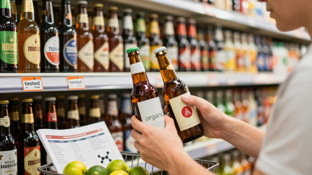 Pessoa compara duas garrafas de cerveja na prateleira de supermercado, carrinho com limas ao fundo.