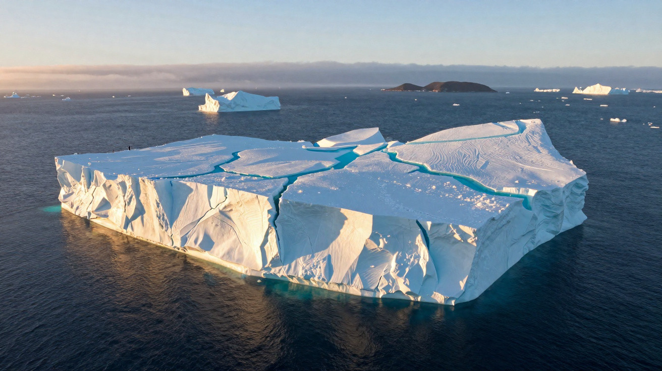 Grande icebergue branco com superfícies rachadas flutua no oceano sob céu claro ao pôr do sol.