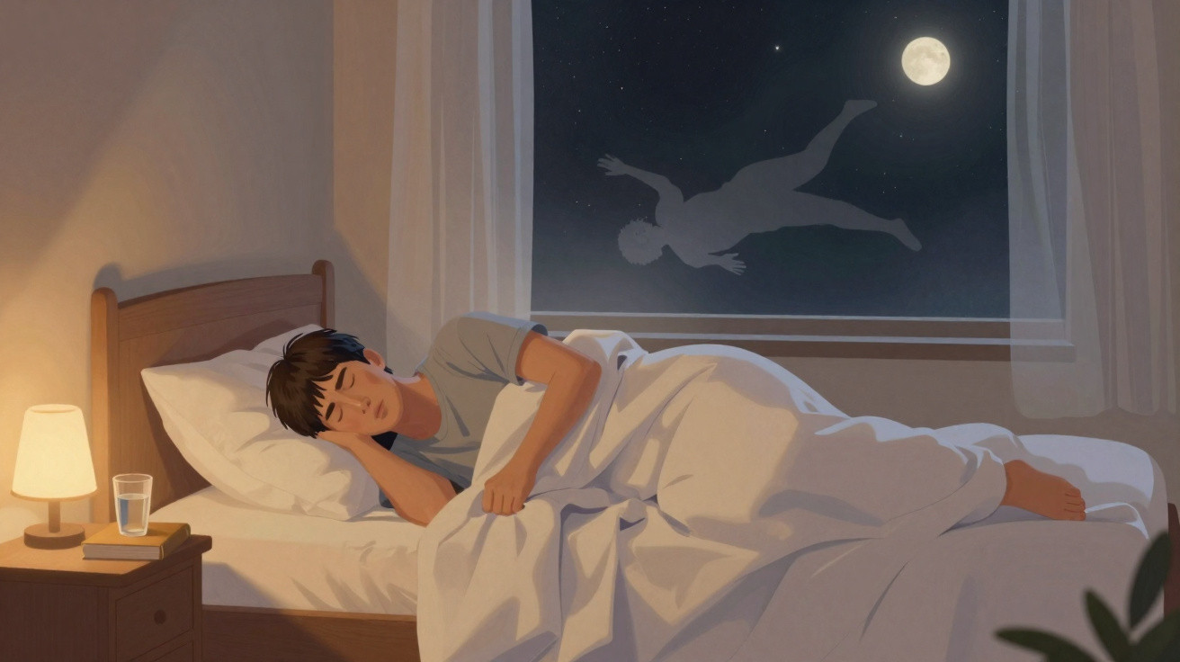Rapaz a dormir num quarto, com sombra humana translúcida flutuando pela janela durante a noite.