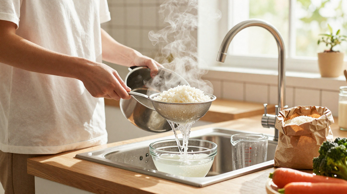 Pessoa a escorrer arroz cozido quente numa cozinha luminosa com bancada de madeira e utensílios.