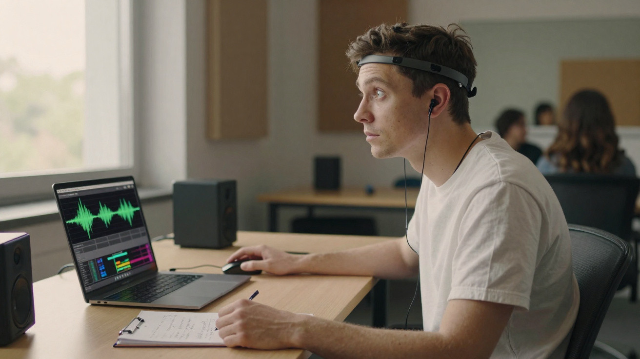 Homem jovem com auriculares e fita na cabeça a trabalhar num computador portátil com ondas sonoras no ecrã.