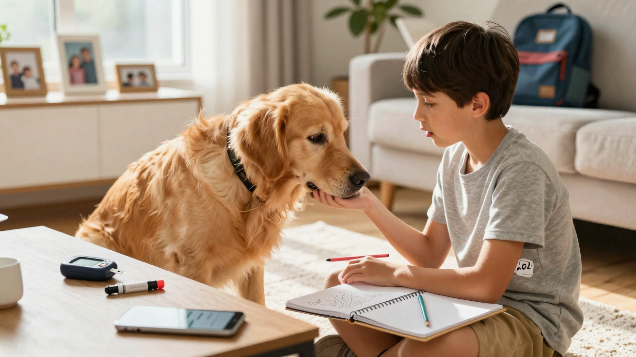 Menino sentado no chão a desenhar e a acariciar um cão golden retriever numa sala de estar iluminada.