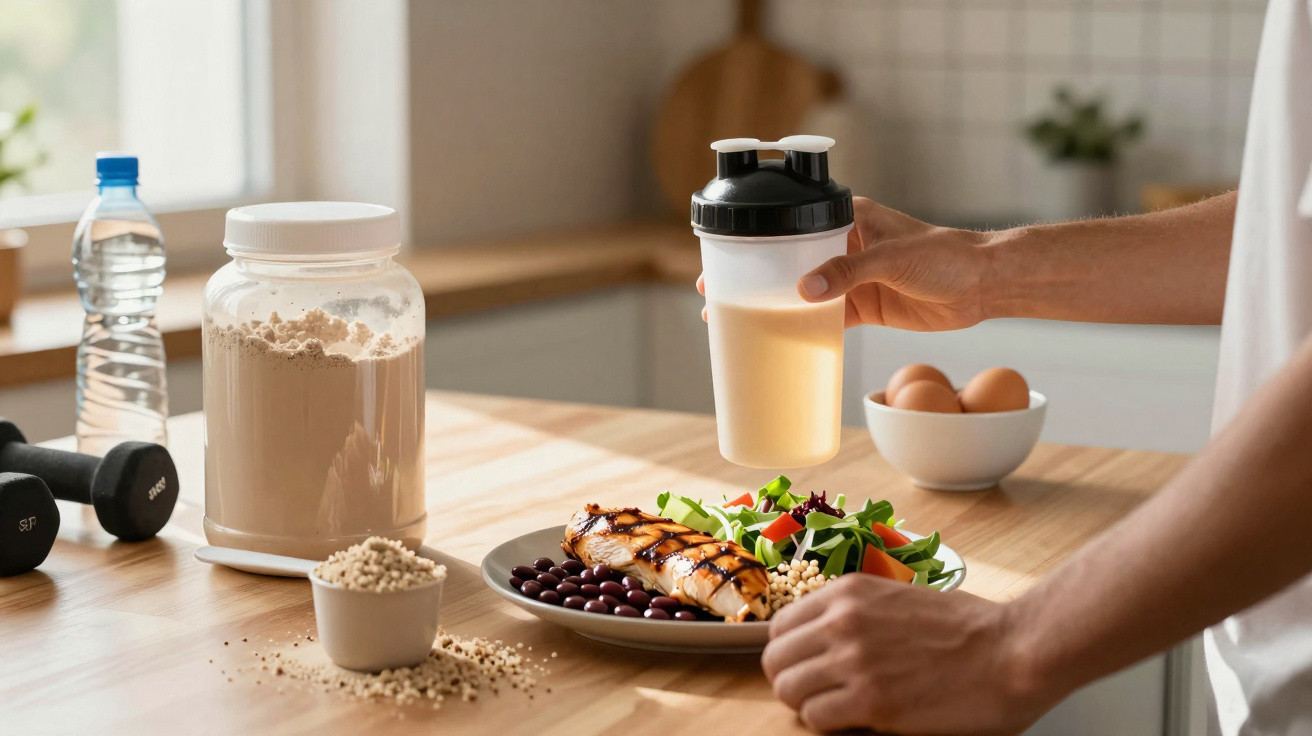 Pessoa a segurar um shaker de suplemento ao lado de prato com frango grelhado, salada e legumes num ambiente de cozinha.