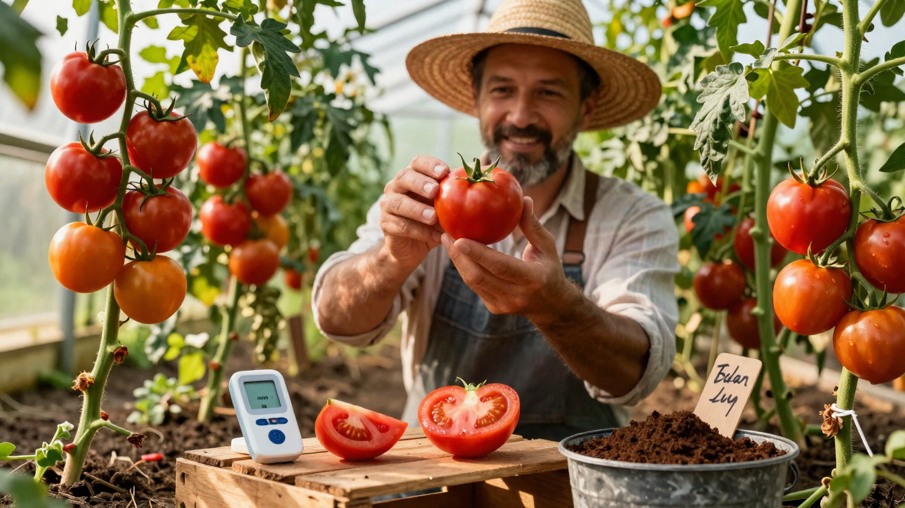 Homem a colher tomate maduro numa estufa com plantas de tomateiros e utensílios de medição.