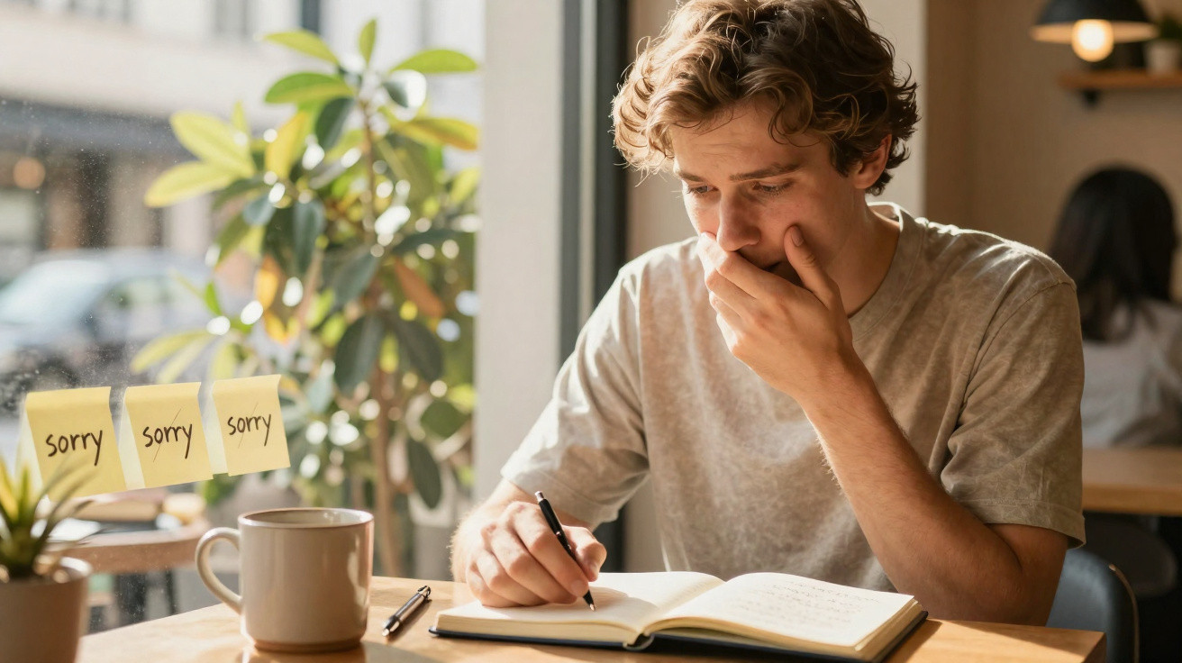 Jovem preocupado a escrever num caderno numa mesa junto a uma janela com notas "sorry" coladas no vidro.