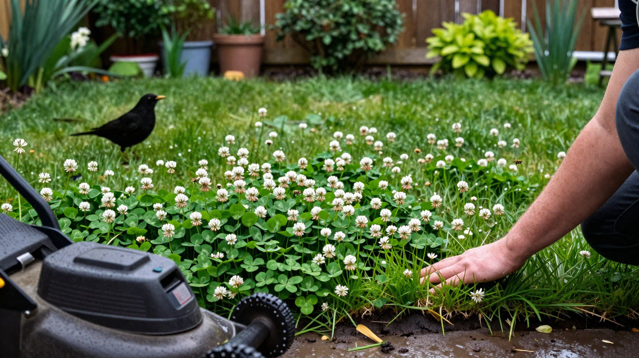 Homem a remover dente-de-leão num jardim com trevo florido, pássaro preto e corta-relva visíveis.