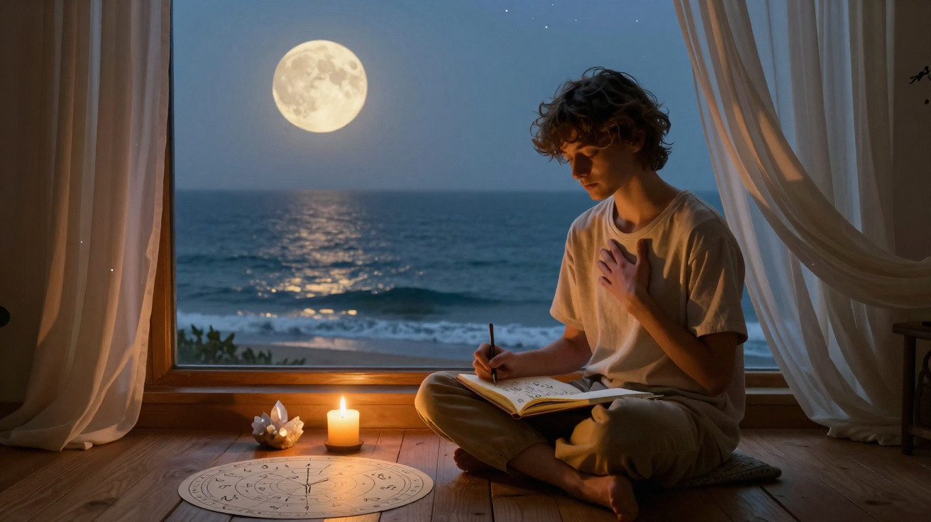 Pessoa jovem sentada no chão a escrever num caderno à luz de vela, com a lua cheia e o mar ao fundo.