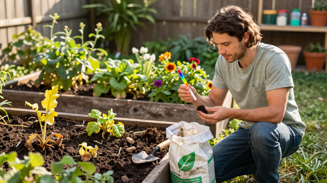 Homem a analisar a qualidade do solo com um medidor num jardim com canteiros e plantas floridas.
