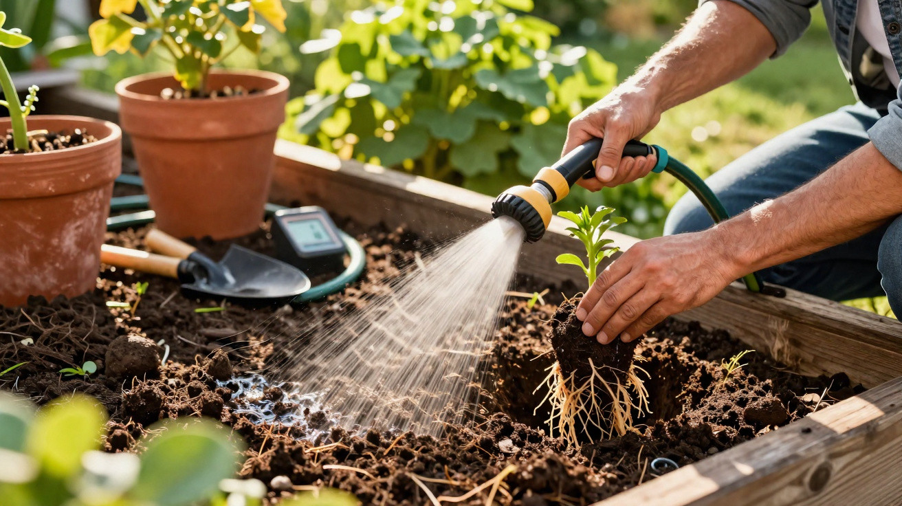 Pessoa a regar planta recém semeada numa horta urbana em caixa de madeira.