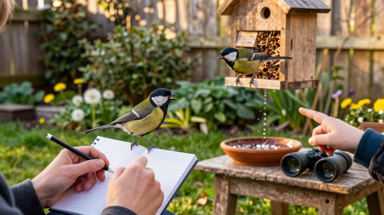 Duas mãos anotam num caderno enquanto duas aves pequenas pousam perto de um alimentador num jardim.