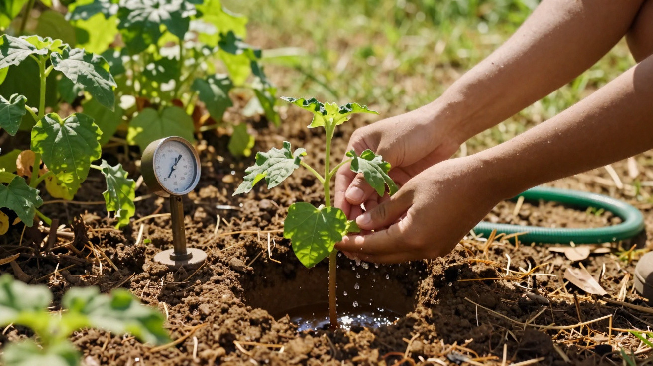 Mãos a regar uma muda verde no solo com medidor de humidade ao lado em ambiente de jardim.