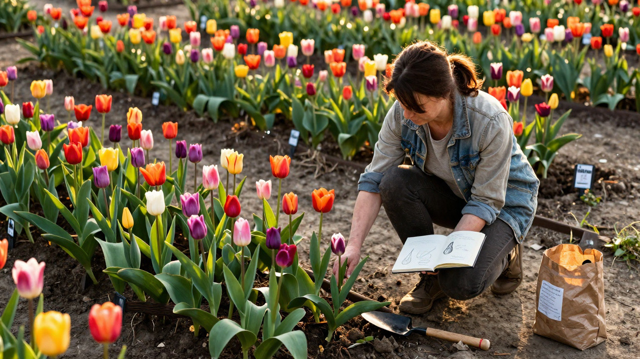 Mulher ajoelhada a cuidar de tulipas coloridas num jardim, segurando um caderno de desenho.