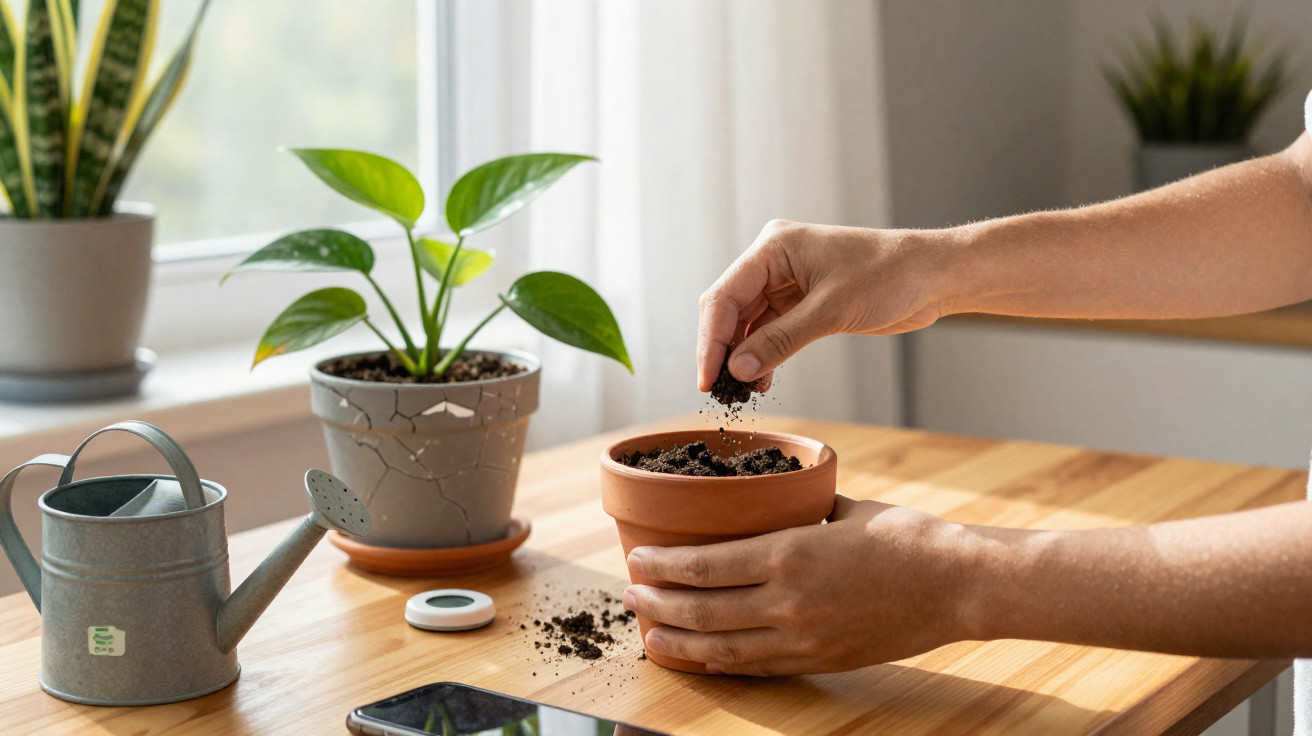 Pessoa a plantar sementes em vaso de barro numa mesa com regador, plantas e telemóvel.