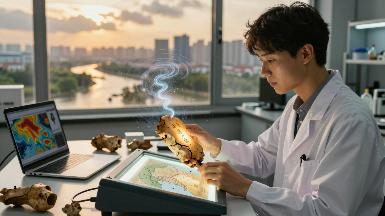 Cientista com bata branca examina fóssil misturado com mapa num laboratório moderno ao pôr do sol.