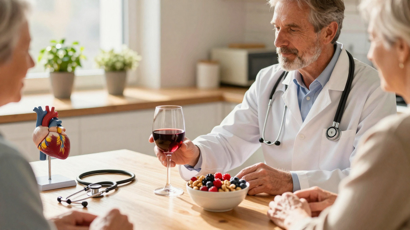 Médico com estetoscópio oferece copo de vinho tinto a casal idoso numa consulta sobre saúde cardiovascular.