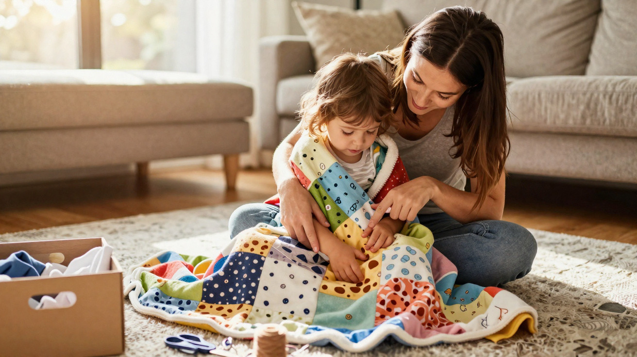 Mãe e filha sentadas no chão a manusear uma manta colorida num ambiente acolhedor com sofá ao fundo.