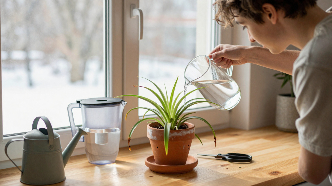 Pessoa a regar planta num vaso de barro numa bancada junto a uma janela durante o dia.