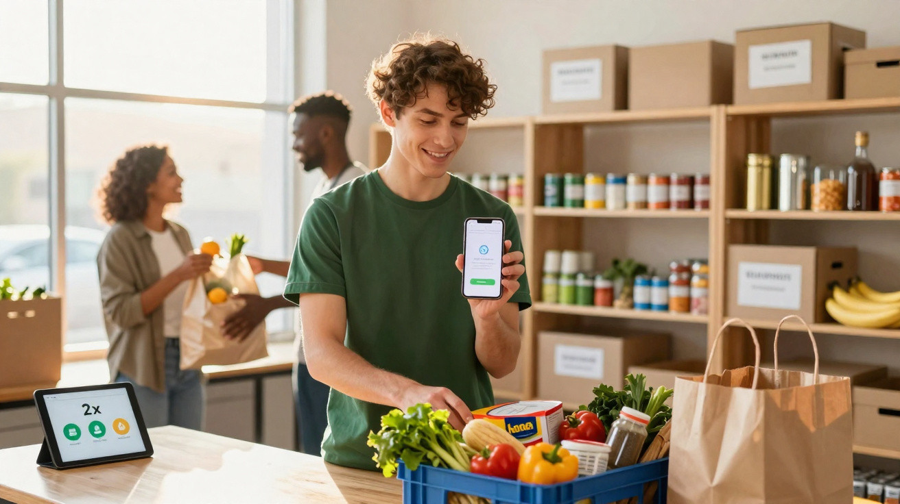 Jovem a mostrar telefone com app de supermercado enquanto faz compras, com casal ao fundo a guardar sacos.