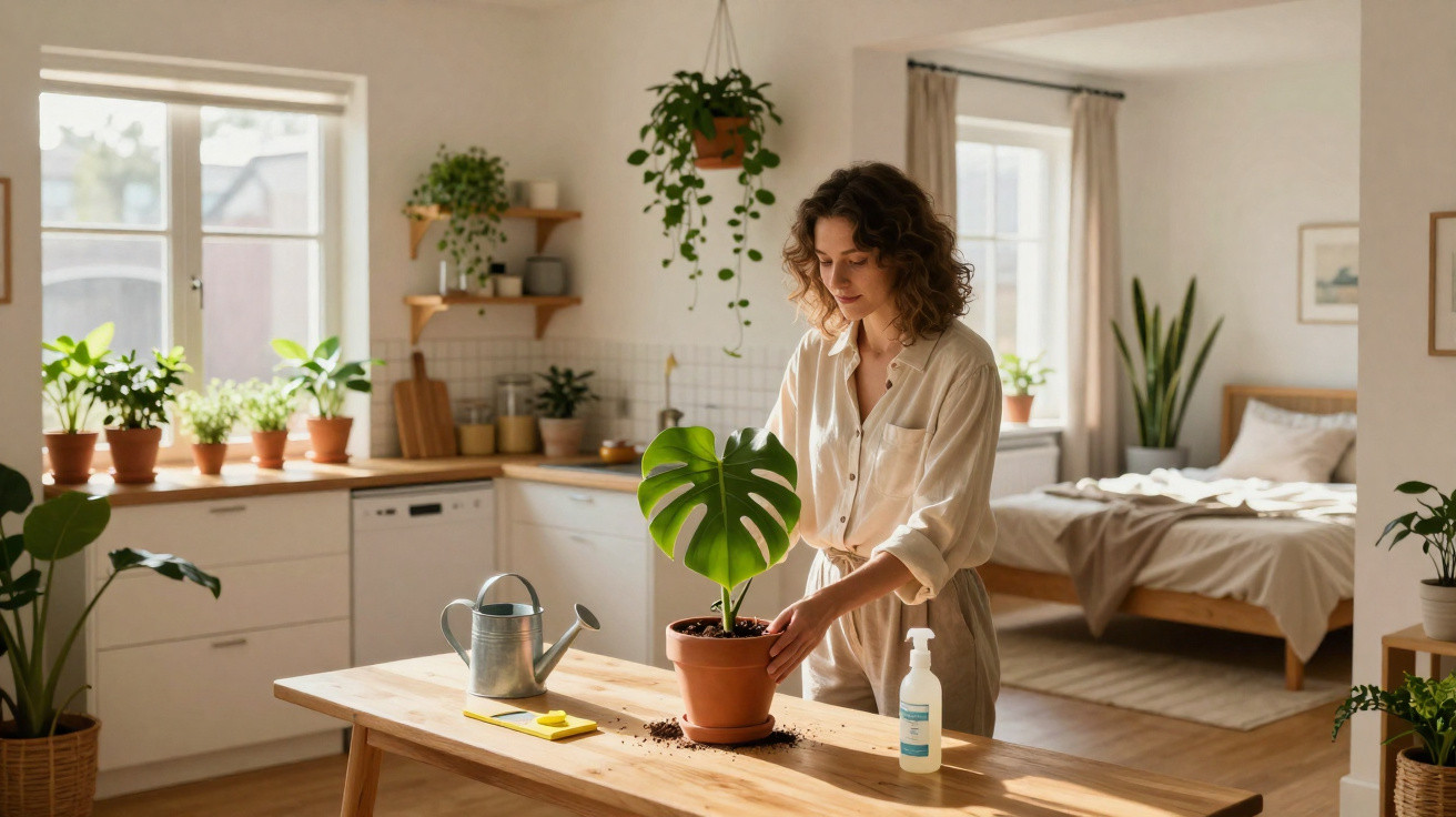 Mulher a cuidar de planta numa sala luminosa com várias plantas e quarto ao fundo.