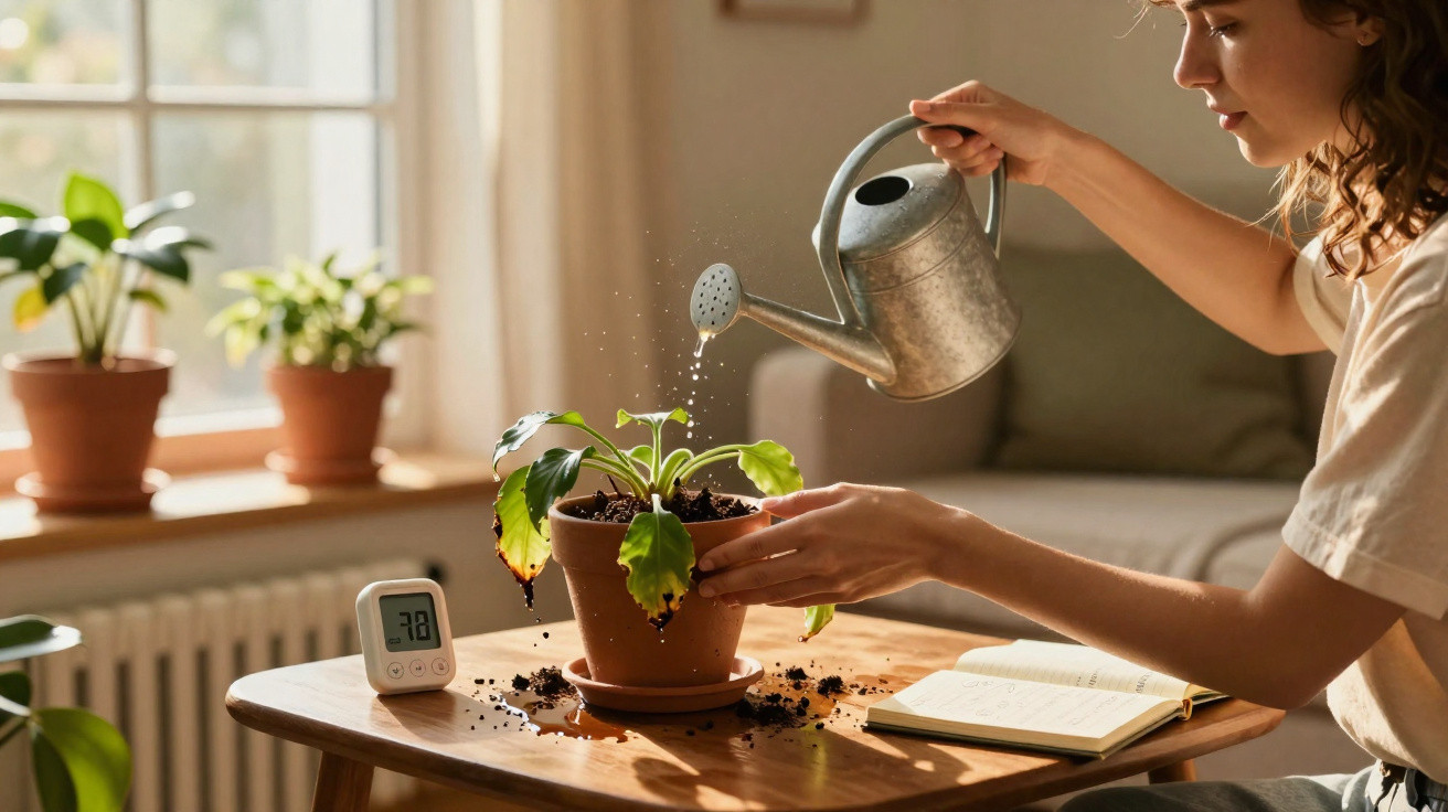Pessoa a regar planta murcha em vaso de barro numa mesa com janela ao fundo.