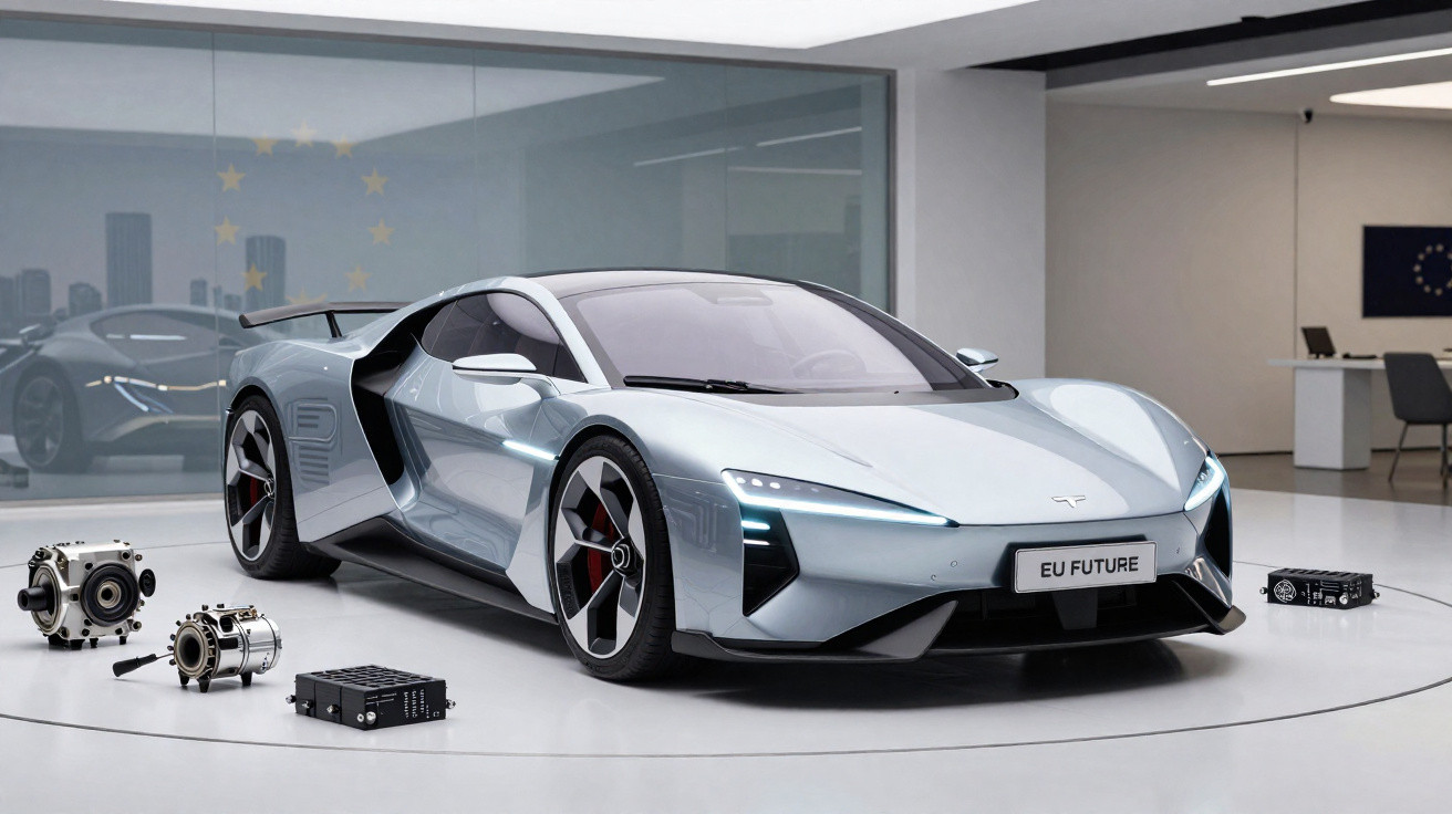 Carro desportivo elétrico prateado Tesla EU Future exposto com peças ao lado num espaço moderno e minimalista.