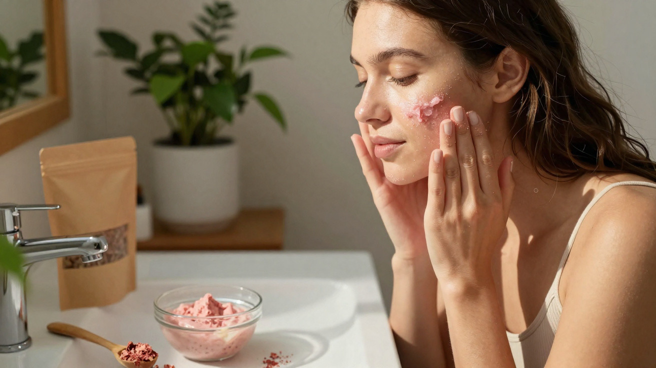 Mulher aplica máscara facial rosa no rosto numa casa de banho iluminada e decorada com plantas.