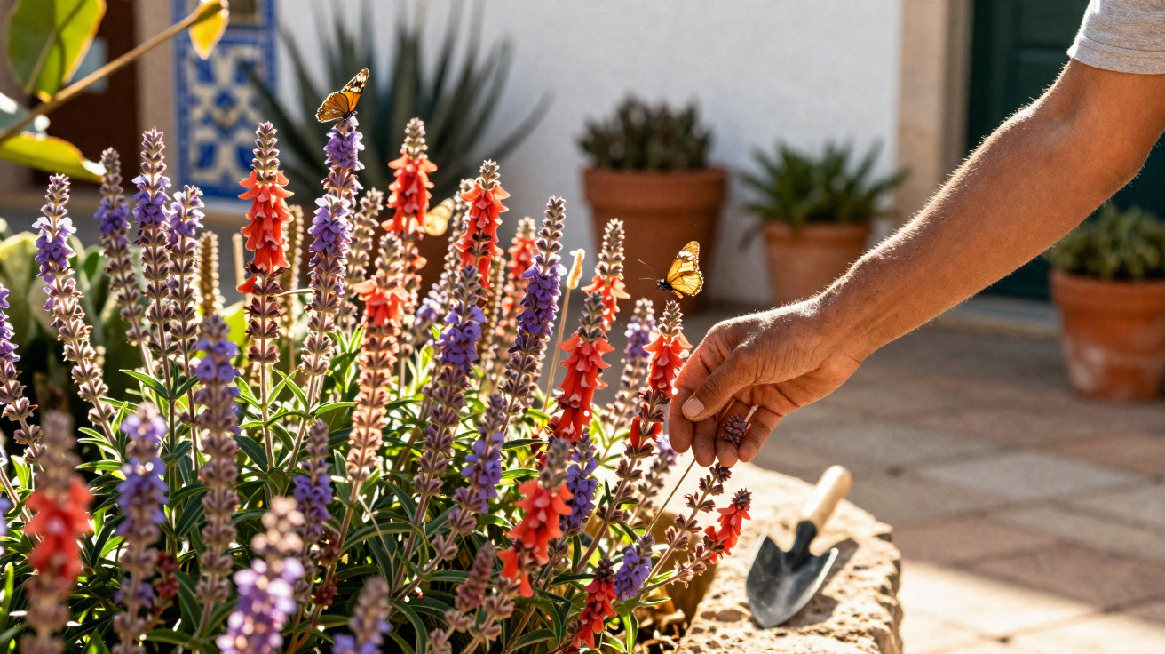 Mão apanha flores coloridas num jardim com borboletas e vasos de barro ao fundo.