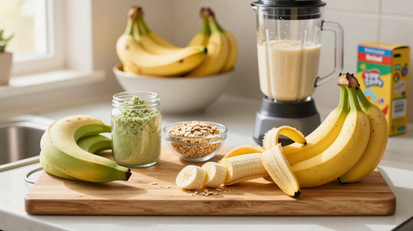 Bananas frescas, flocos de aveia, pó verde e liquidificador sobre bancada de cozinha.