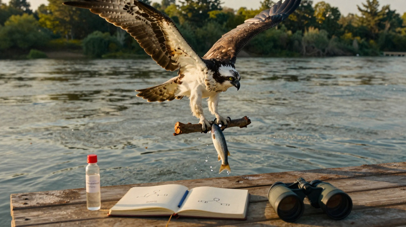 Águia-pescadora em voo segurando peixe com garras sobre mesa com livro aberto, binóculos e frasco junto a rio.
