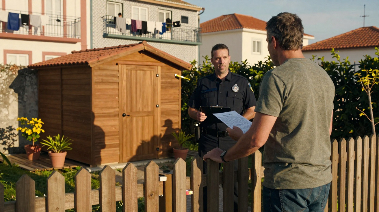 Polícia conversa com homem junto a um portão de madeira, com casa e jardim ao fundo em dia de sol.
