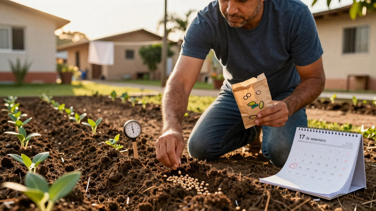 Homem a plantar sementes num canteiro de terra com um calendário marcado a 17 de setembro.