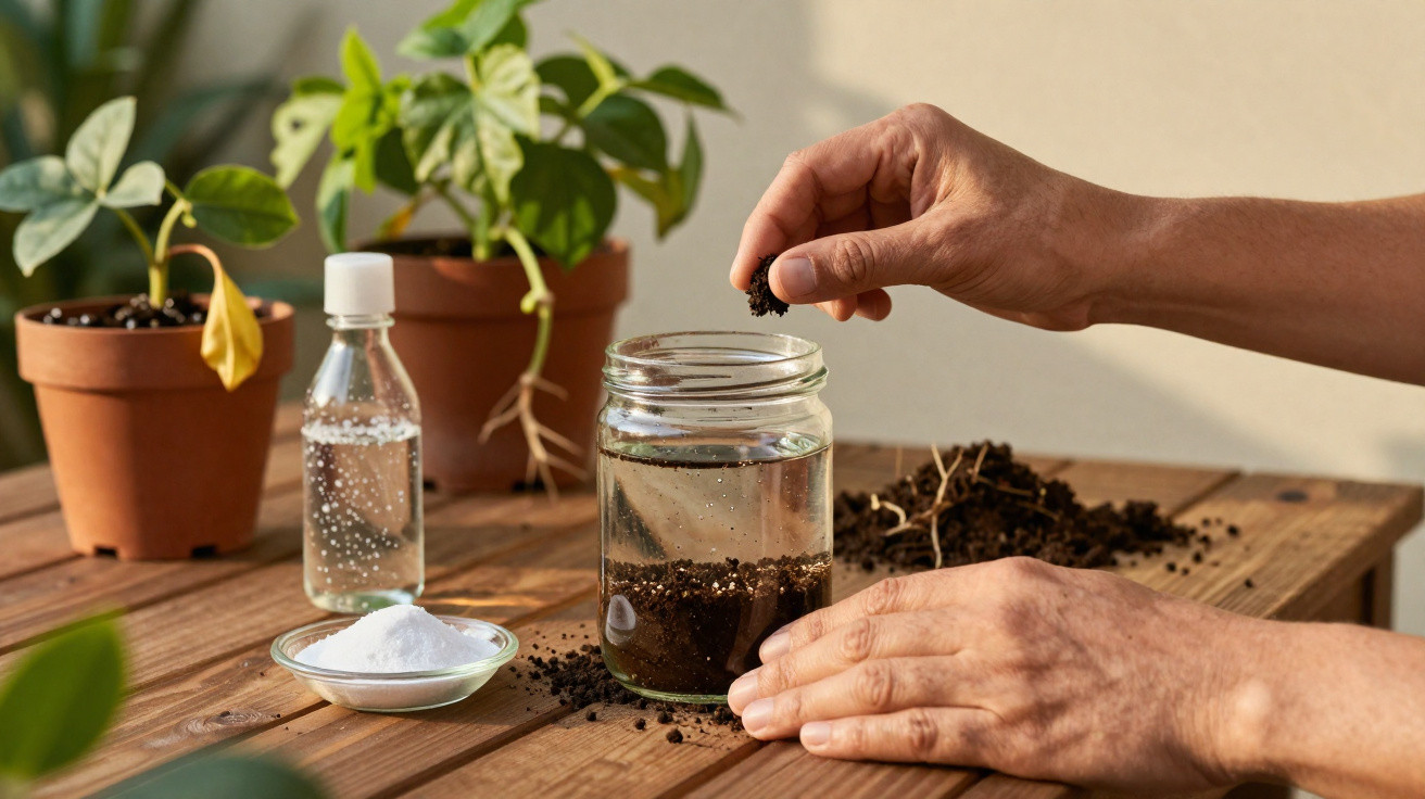Mãos a colocar terra num frasco com água, plantas e ingredientes para cuidados caseiros numa mesa de madeira.