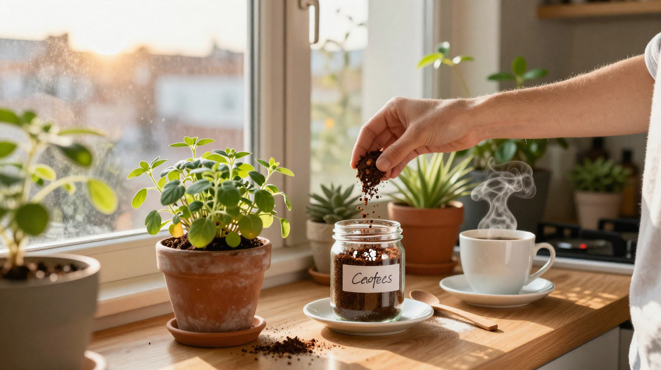 Mão a deitar café moído num frasco, com plantas em vasos e uma chávena de café a fumegar num parapeito de janela.