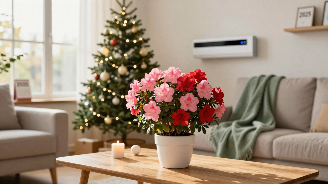 Vaso com flores cor-de-rosa e vermelhas numa mesa de centro, ao fundo sala com sofá e árvore de Natal decorada.