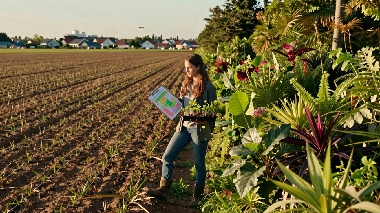 Mulher jovem com planta e prancheta a estudar cultivo numa quinta ao pôr do sol, com casas ao fundo.