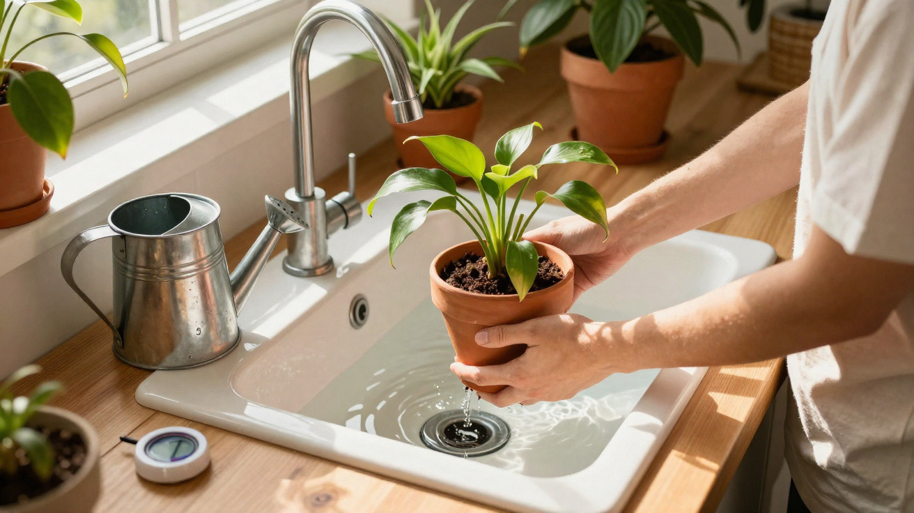 Pessoa a regar planta em vaso de barro numa pia junto a janela com regador e outras plantas ao redor.