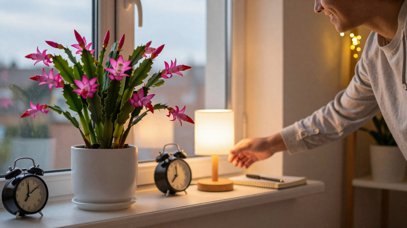 Pessoa a acender candeeiro de mesa junto a vaso de flores cor-de-rosa e dois despertadores na janela.