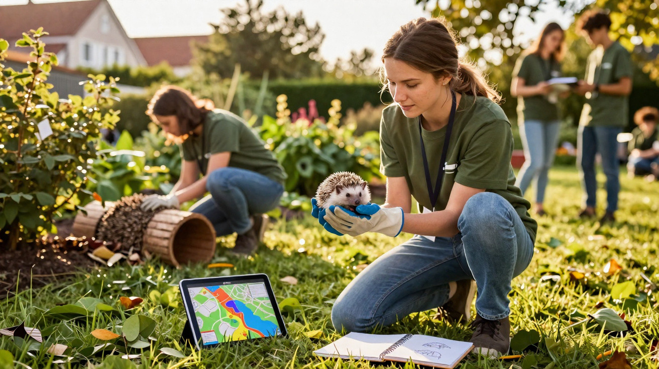 Jovem segura ouriço-cacheiro em campo, com equipa e material de estudo para conservação ambiental.