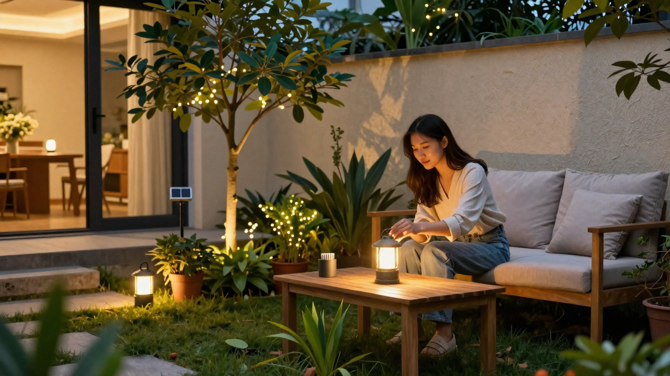 Mulher sentada no jardim à noite, acendendo uma lâmpada de mesa enquanto plantas e luzes decorativas iluminam o espaço.