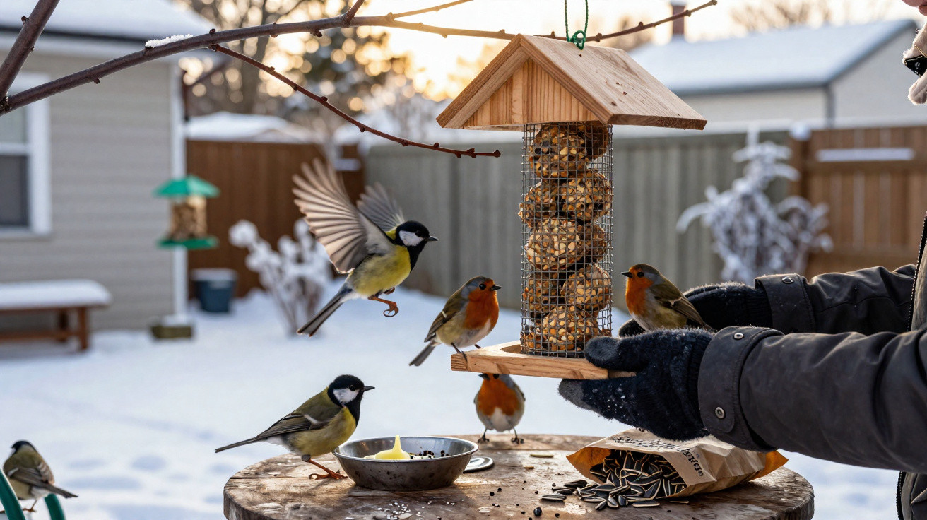 Pessoas a alimentar pássaros no inverno, com comedouro de sementes e neve ao fundo.