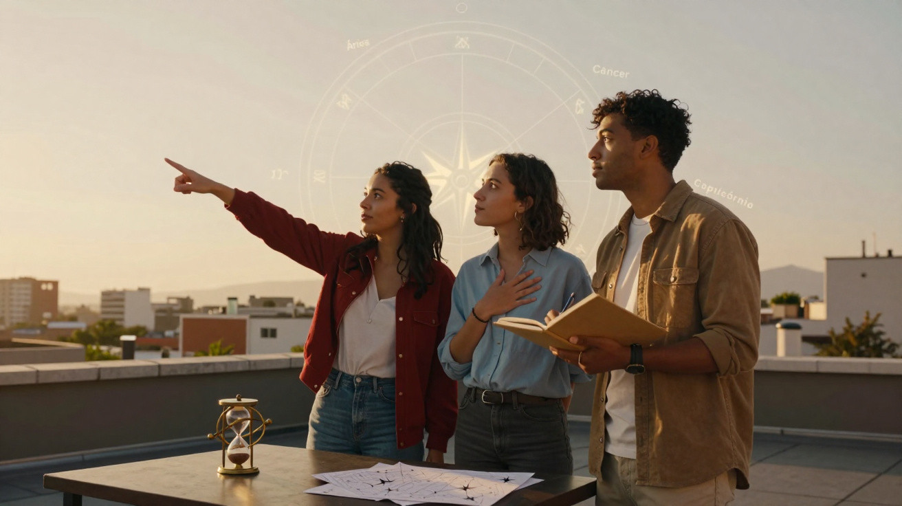 Três jovens observam o céu no terraço com mapas astrais e ampulheta sobre a mesa ao pôr do sol.