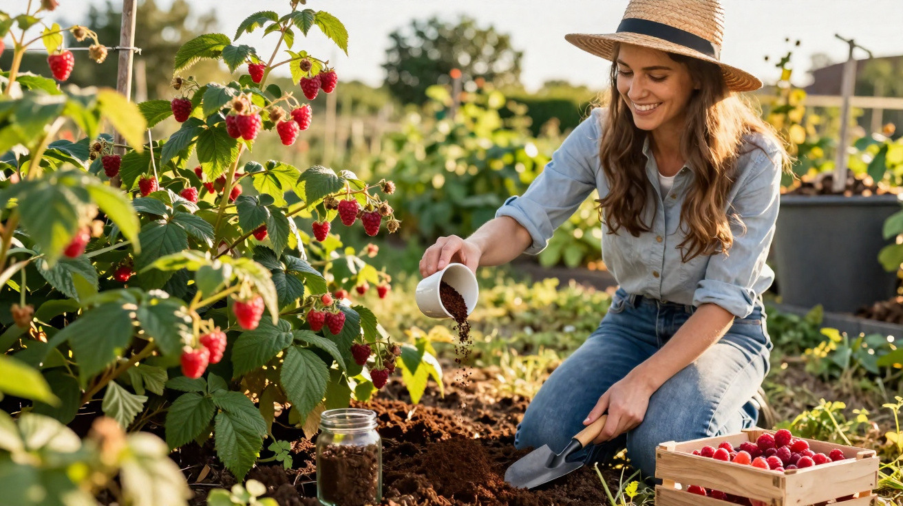 Mulher a cultivar framboesas num jardim, regando o solo com terra rica, rodeada de plantas e fruta fresca.