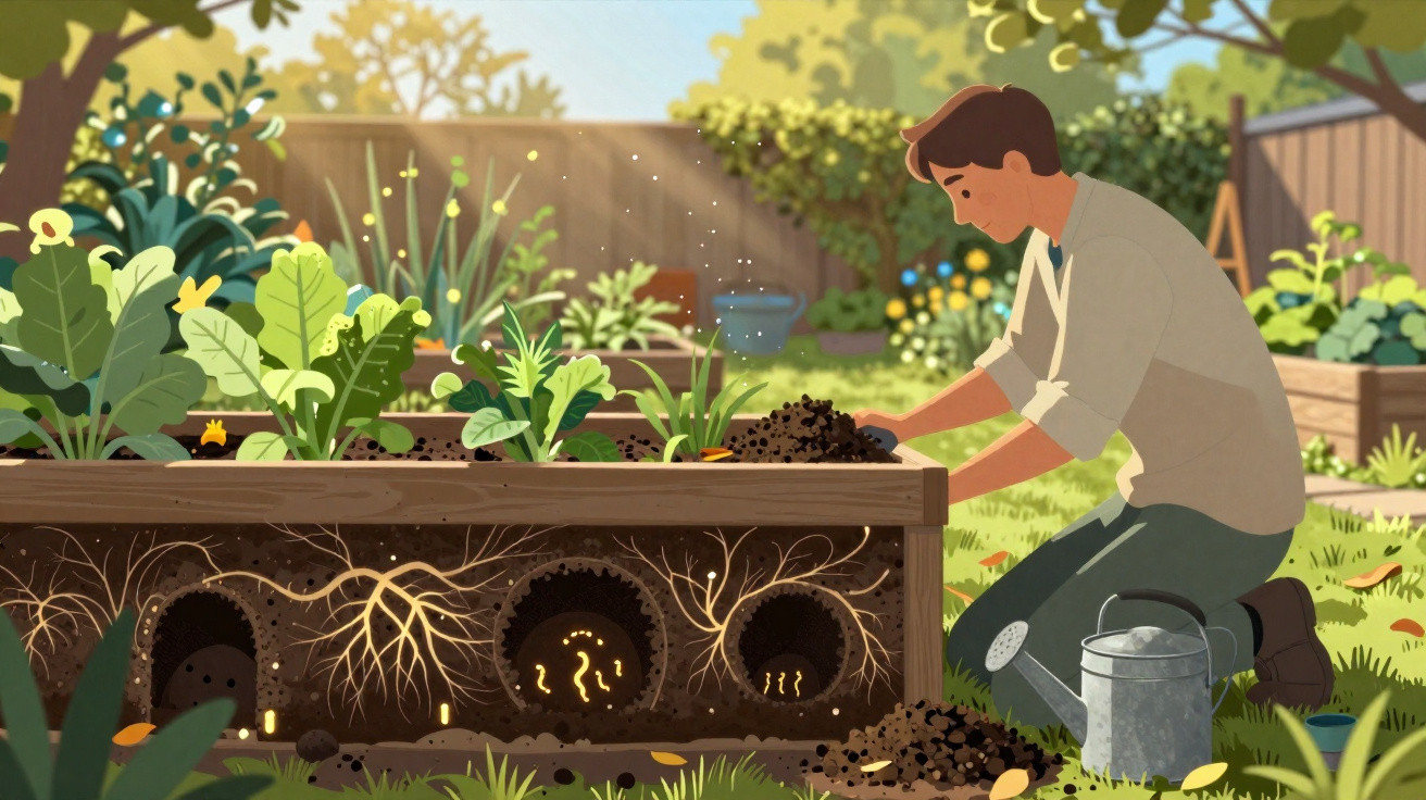 Homem a cuidar de horta com plantações e minhocas no solo, rodeado de plantas e jardim ensolarado.