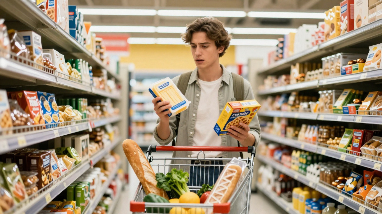 Homem jovem com carrinho de compras avalia produtos embalados num corredor de supermercado.