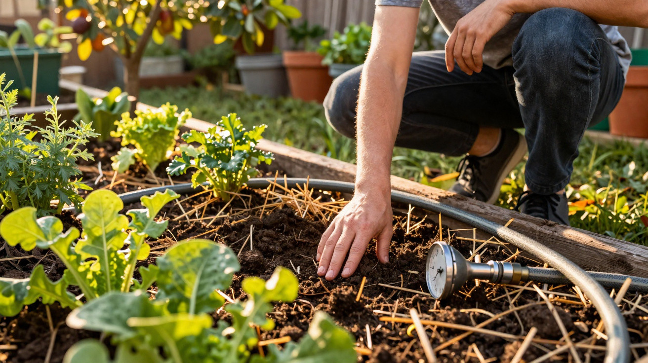 Pessoa a cuidar da terra numa horta urbana com plantas verdes e equipamento de irrigação ao sol.