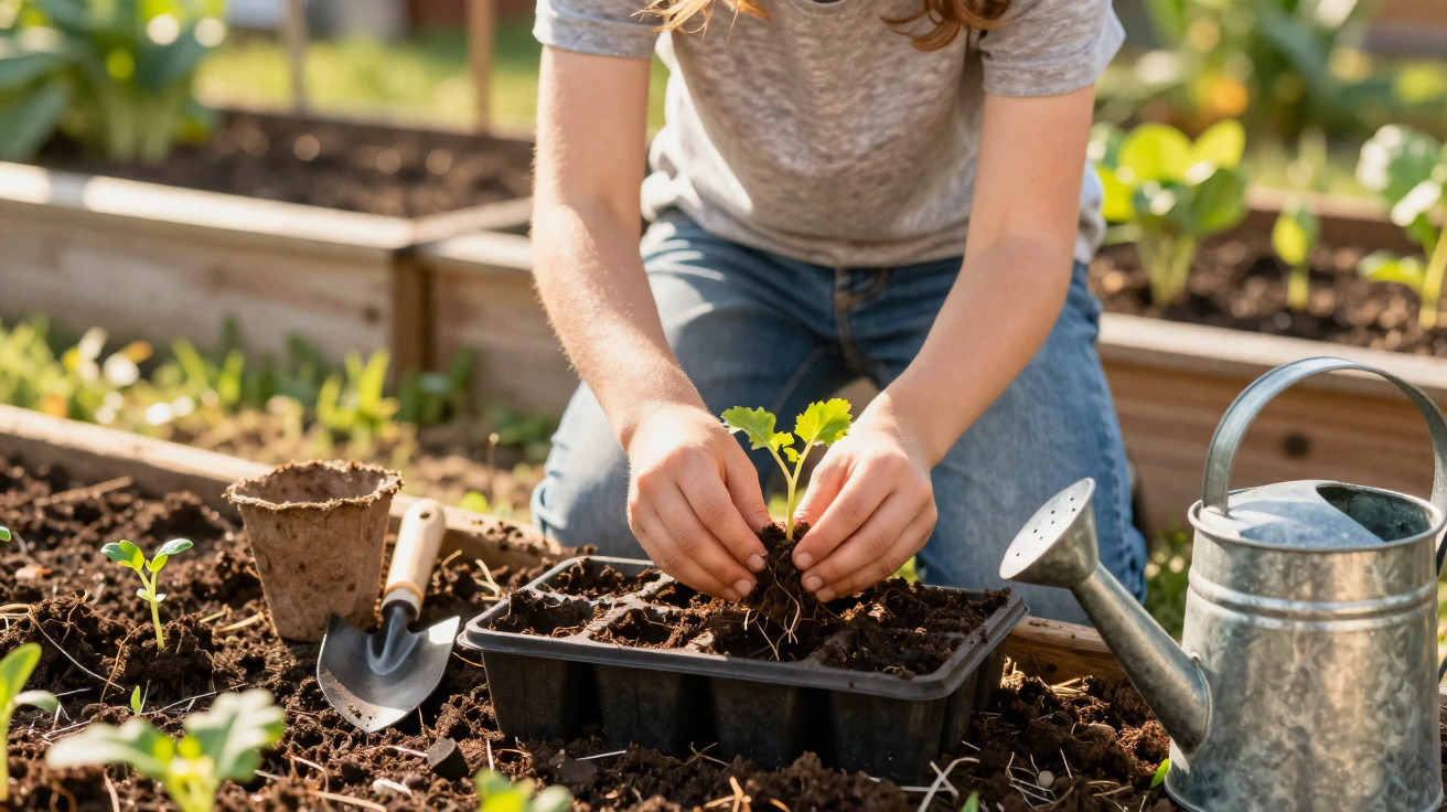 Pessoa a transplantar muda de planta num viveiro, com enxada e regador metálico ao lado, num jardim.