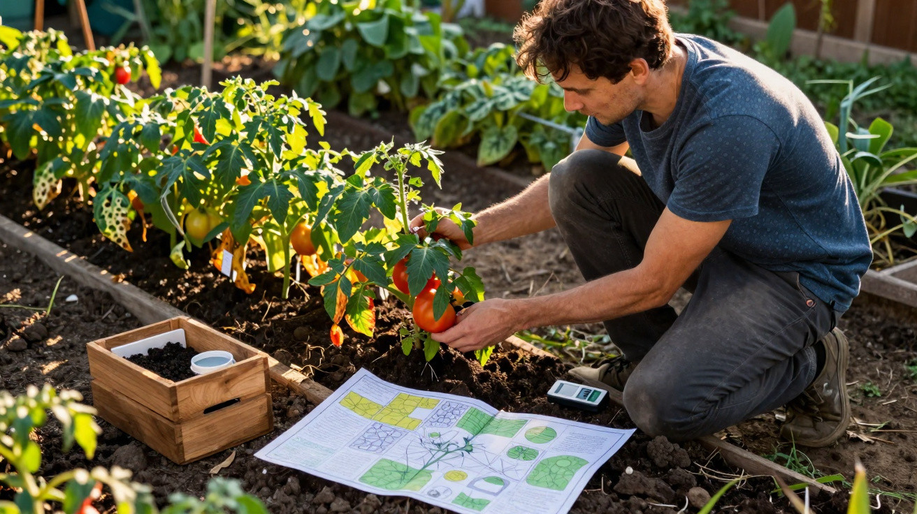 Homem cuida de plantas de tomate num jardim, com plano de cultivo e caixa de ferramentas no chão.
