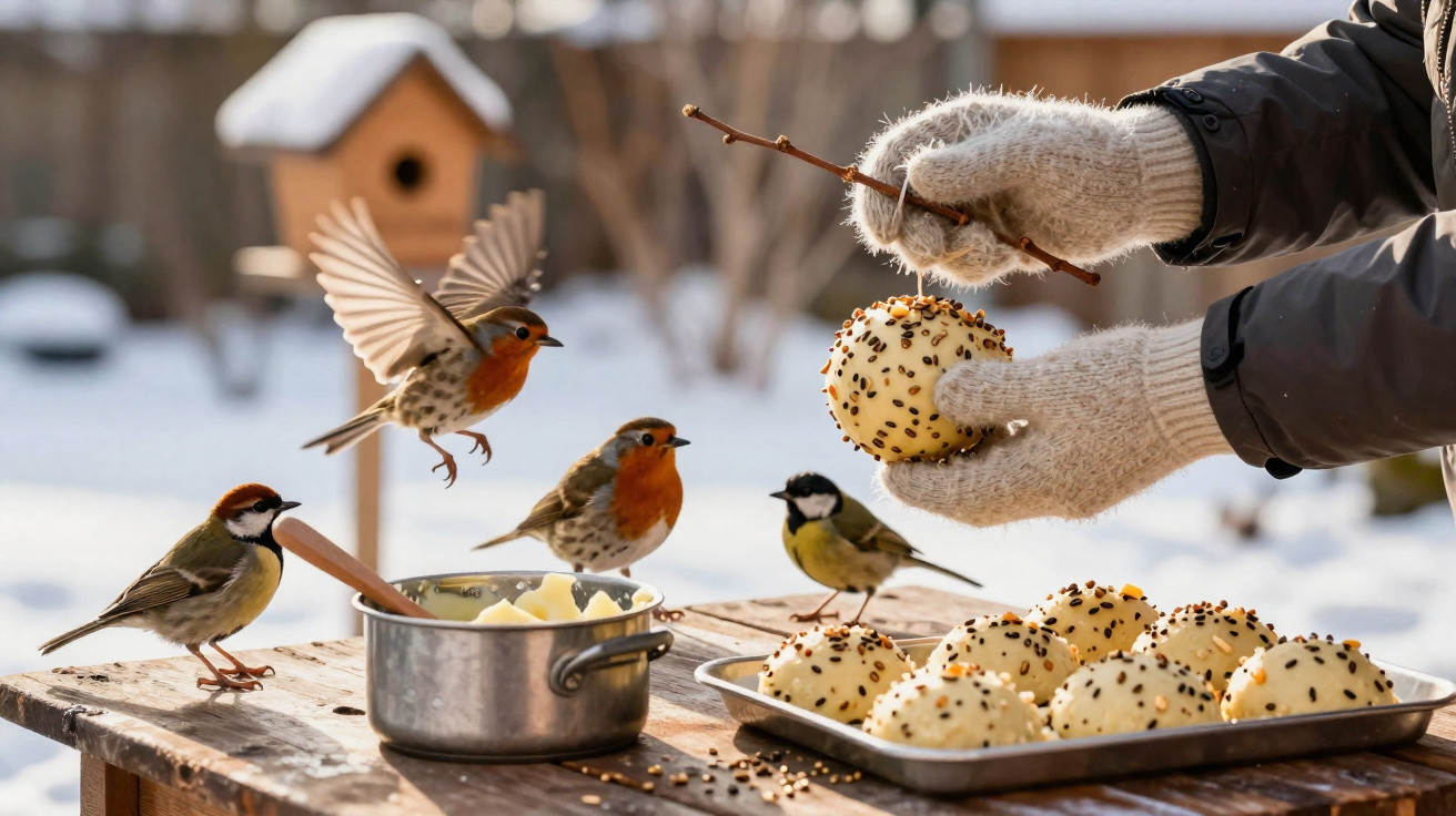 Mãos com luvas a segurar bola de gordura para pássaros junto a mesa com potes e pássaros a voar sobre a neve.