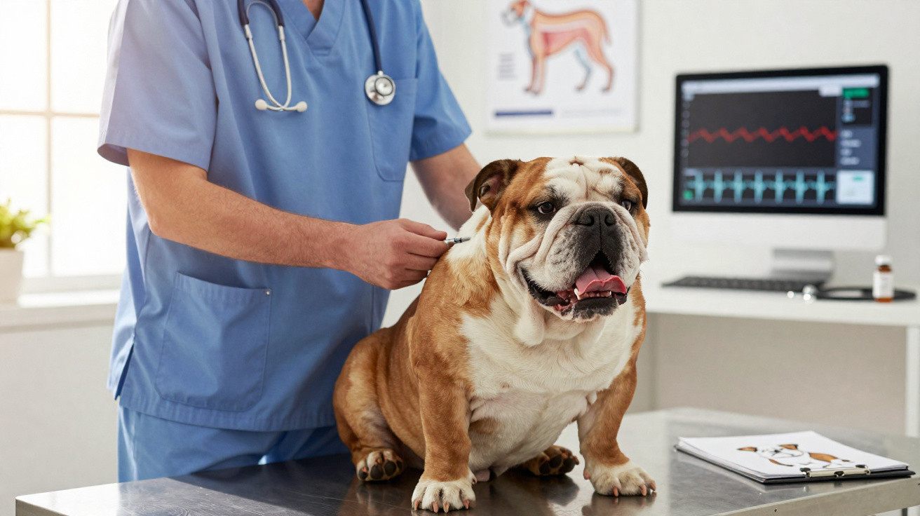 Veterinário em uniforme azul examina cão bulldog inglês numa clínica veterinária.